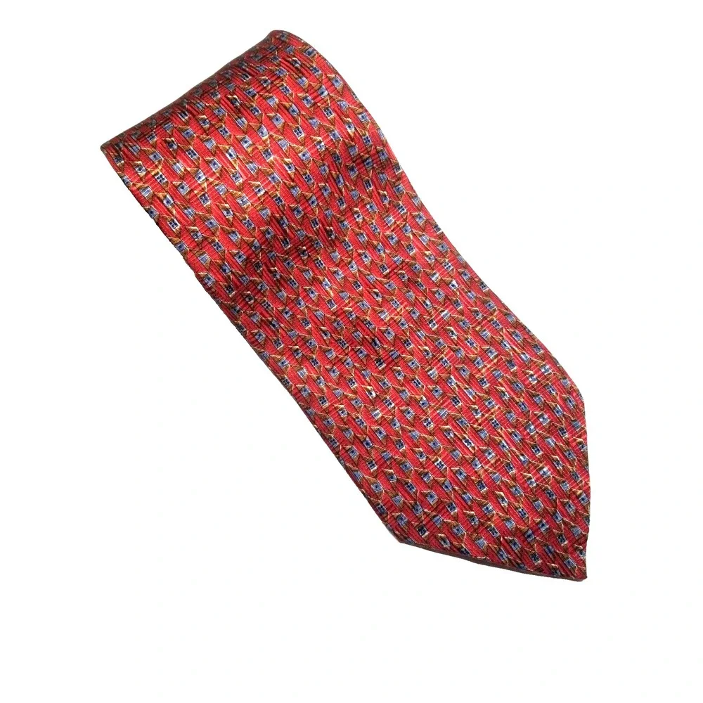 Robert‎ Talbott Red Geometric Foulard Print Blue Brown Pointed Tie USA